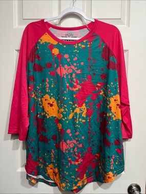 Crazy Train Teal Paint-Splash Raglan Top with Pink Sleeves